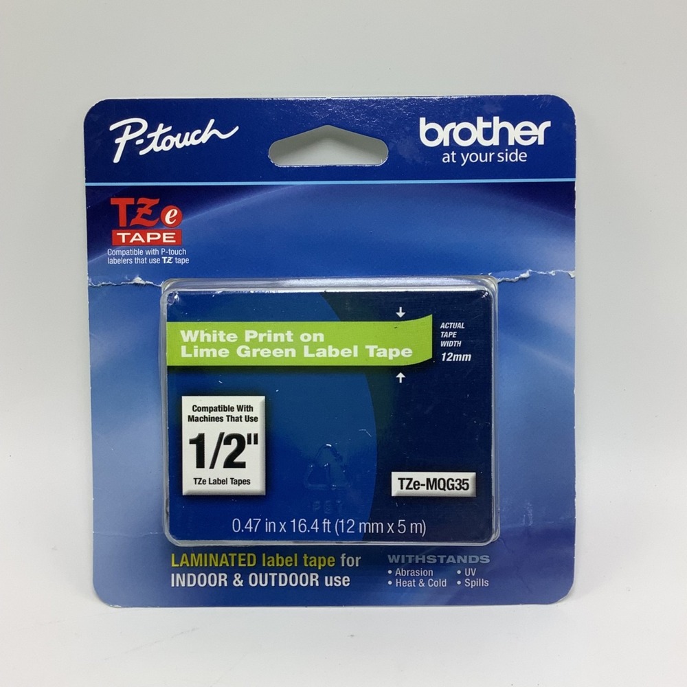 Brother P-touch TZe‎ Tape 1/2" (12mm) White Print on Lime Green Tape TZe-MQG35